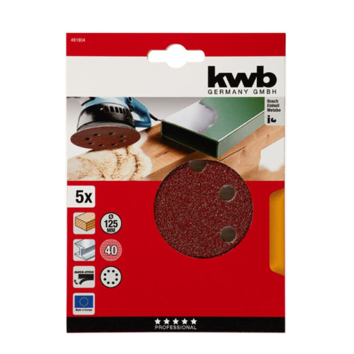 Discos Lijas Velcro 8 Perforaciones 5" / 125mm Grano 40 5un - KWB