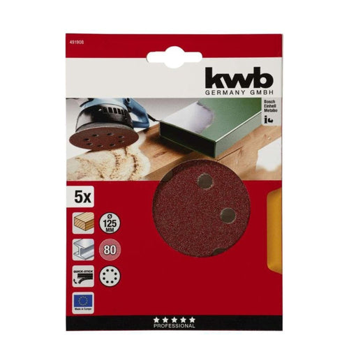 Discos Lijas Velcro 8 Perforaciones 5" / 125mm Grano 80 5un - KWB