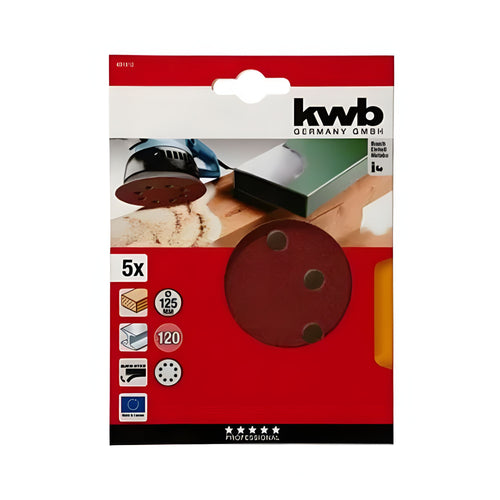 Discos Lijas Velcro 8 Perforaciones 5" / 125mm Grano 120 5un - KWB