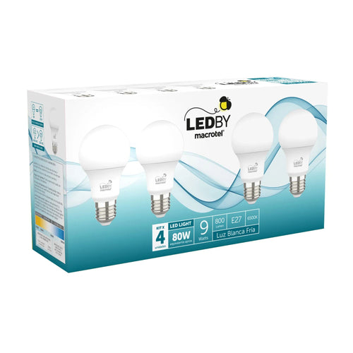 Ampolletas Led E27 luz fria 6500K 9W Kit 4un - Macrotel