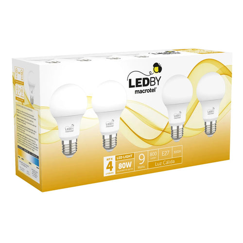 Ampolletas Led E27 luz calida 3000K 9W Kit 4un - Macrotel