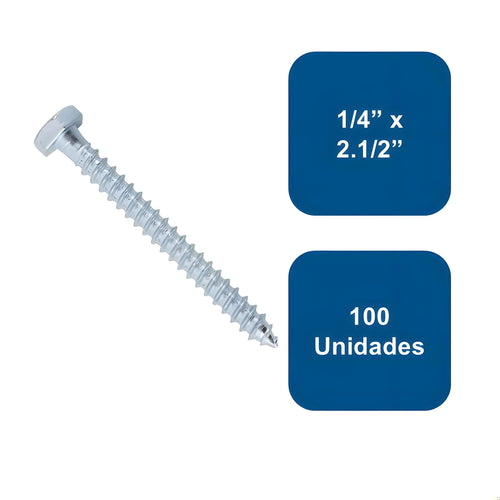 Tirafondo Hexagonal Zincado 1/4" x 2.1/2" 100un. - Anclajes