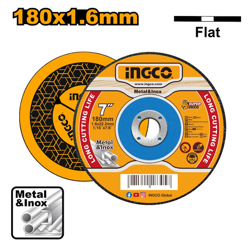 DISCO DE CORTE PLANO PARA METAL E INOX 180X1,6X22MM 7