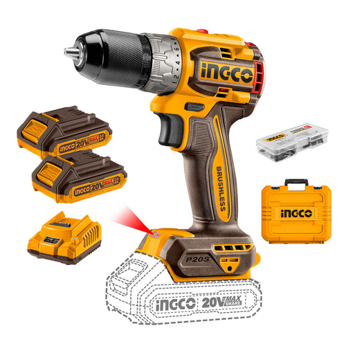 TALADRO BL INDUSTRIAL CP +2 BAT 2AH Y CARG 20V/13MM INGCO CDLI20602-7