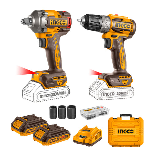 SET TALADRO BL Y LLAVE DE IMPACTO BL INDUSTRIAL +2BAT Y CARG 20V INGCO CKLI20271