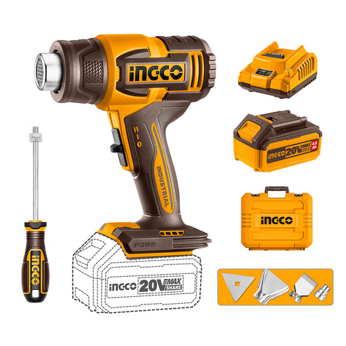 PISTOLA DE CALOR +BAT 4AH Y CAR INDUSTRIAL ANALOGA 300/550°C 20V INGCO HGLI20065