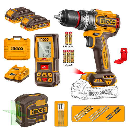 Taladro Per Bl +2 Bat Y Carg +Medidor Y Nivel Laser 20V/86Nm Ingco Cosli251001