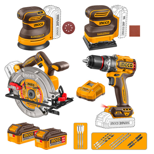 Set Taladro Pe +Sierra Cir +Lijadora Rot Y Orb +2Bat/Carg 20V Ingco Cosli251083