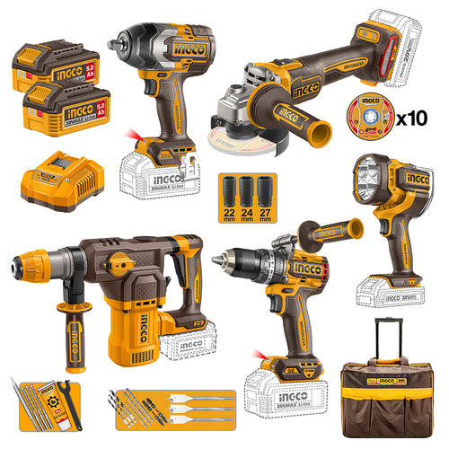 Set Taladro +Pistola Imp +Esmeril +Rotomartillo +Linterna 20V Ingco Cosli251193