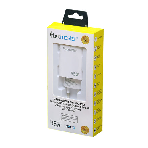 Cargador de Pared carga rapida 2 USB-C PD 3.0 45W - Tecmaster