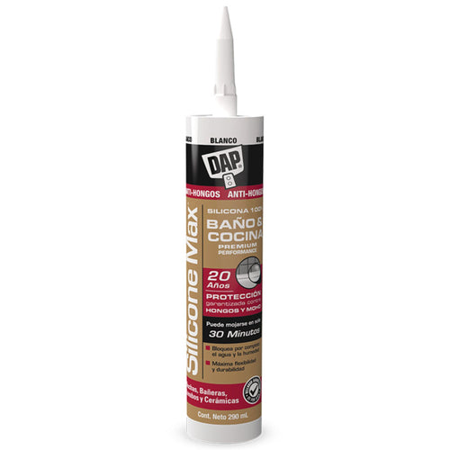 Sellador de Silicona Premium para Baños y Cocinas SILICONE MAX Blanco Cartucho 290ml - DAP