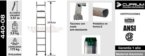 Escalera Aluminio Recta Simple 2.44 Mts. 8 Peldaños Cuprum