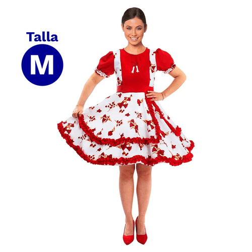 Vestido Huasa Chinita Floreado Rojo y Blanco Talla M Fiestamania