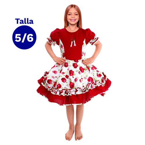 Vestido Huasa Chinita Floreado Burdeo y Blanco Talla 5-6 Fiestamania