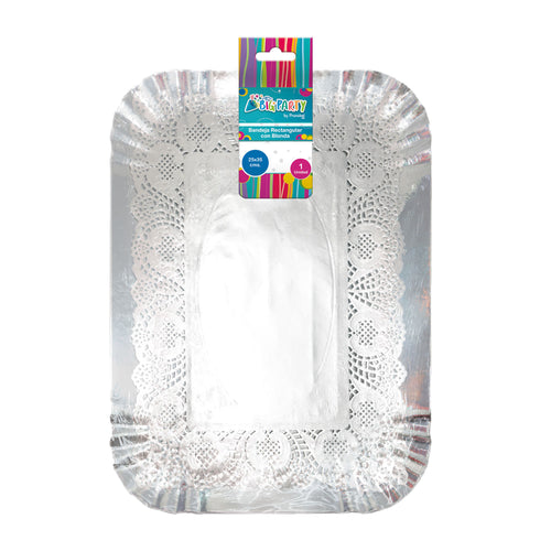 Bandeja Rectangular Plateada 25 X 35 Cm Con Blonda Big Party
