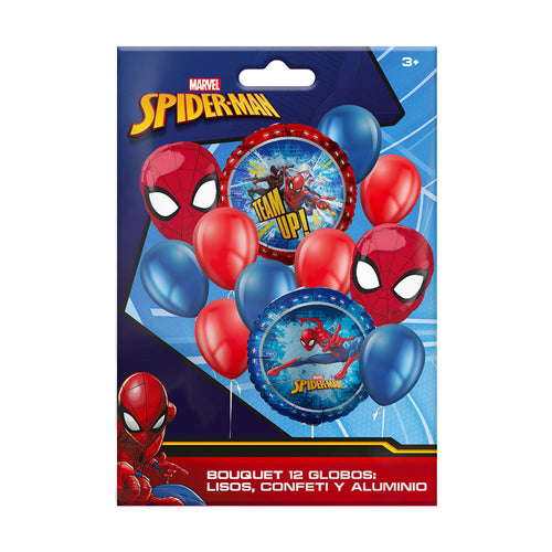 Bouquet 12 Globos Lisos Confeti + Aluminio Spiderman