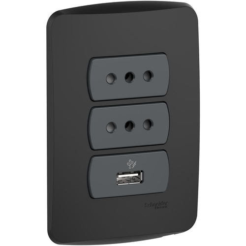 Placa Miluz Armada Con Doble Tomacorriente + 1 Usb Grafito