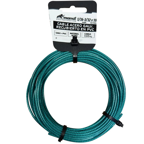Cable De Acero 6X7 + Fc Galvanizado Recubierto Pvc Ver 1/16-3/32 X 10 Mt