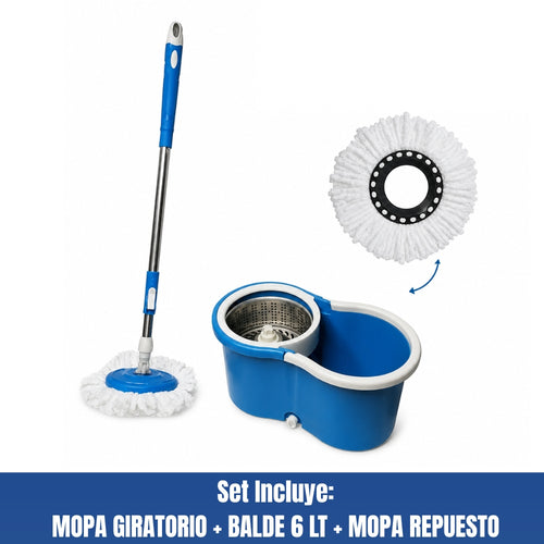 Set Trapeador Mopa Giratorio + Balde 6 Lt + Mopa Repuesto