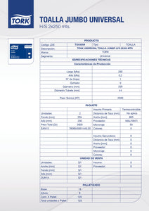 Toalla Papel Jumbo Hoja Simple 2 Rollos Universal 250 Mt