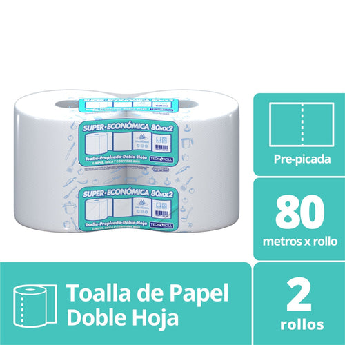 Toalla De Papel Económica Doble Hoja 2 Rollos 80 Mt