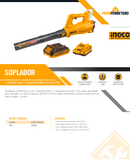 SOPLADOR + 1 BATERIA 2,0AH Y CARGADOR NORMAL 20V 8,5M³/MIN INGCO CABLI203235