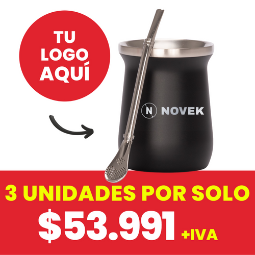 Vaso Termico Metalico Mate 300Ml. Con Bombilla Negro (Impresion Full Color)