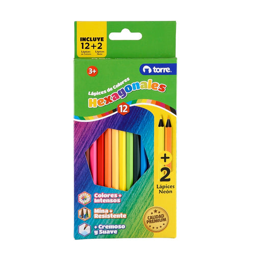 Lápices De Colores 12 Un Hexagonal + 2 Neón