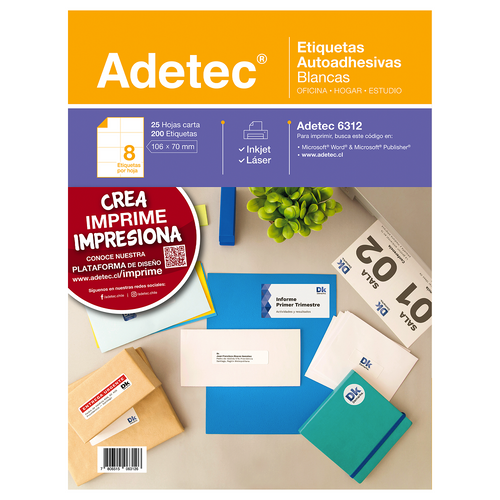 Etiqueta InkJet/Laser De 106X70 Mm 200 Unidades 25 Hojas Carta Blanca