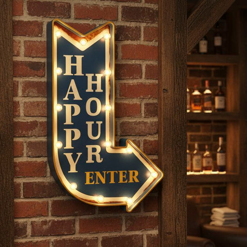 Letrero Led Flecha Happy Hour Azul 61x5.5 cm