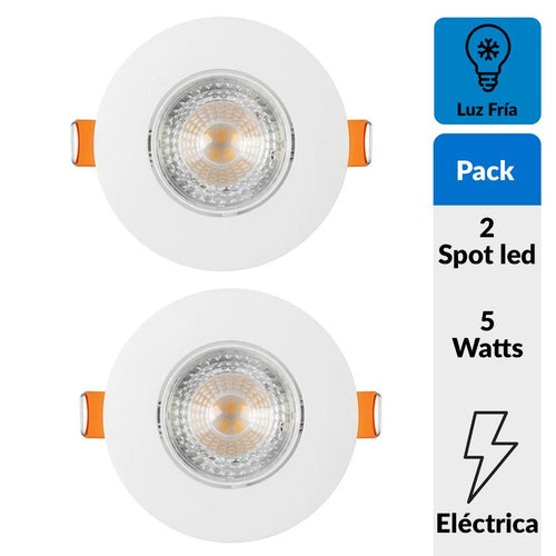 Pack 2 Foco Led Spot Empotrado Redondo 5 W Plastico Blanco