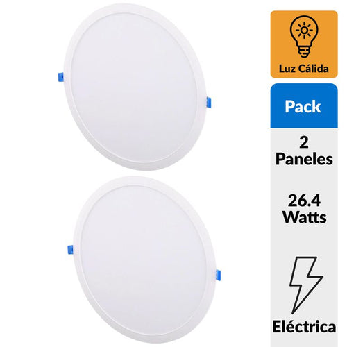 Pack 2 Panel Led Empotrado Circular Blanco 24W Luz Calida