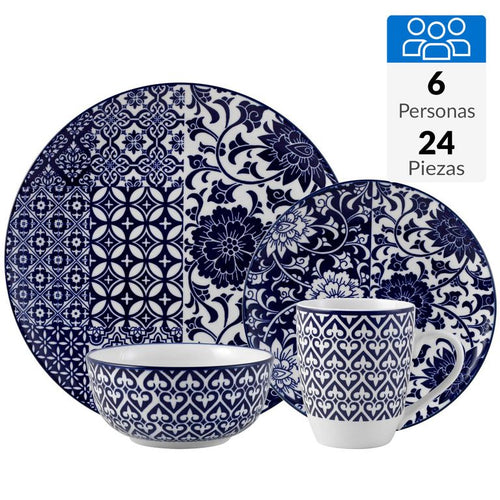 Juego de Loza 24 Piezas Porcelana Azul