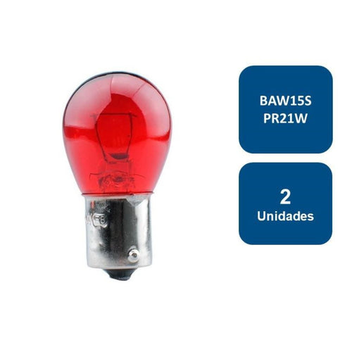 Ampolleta 12V para Automovil Globo Grande Roja  2 contactos BAW15S PR21W 2un. 