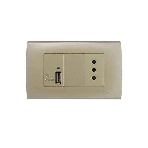 Módulo USB 5A/2.1A + Enchufe simple 10A Dorado A83-P06 