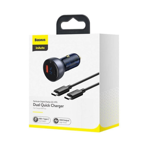 Cargador de Auto Digital PPS Dual QC 3.0 65W con cable USB C Gris Oscuro 