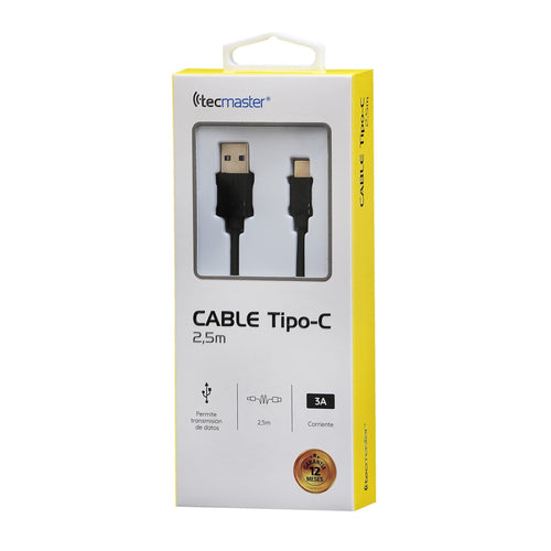 Cable USB A a USB C Negro 2.5mts 