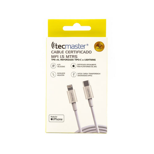 Cable iPhone USB C a Lightning Blindado Certificado MFi 1.5mts Blanco 