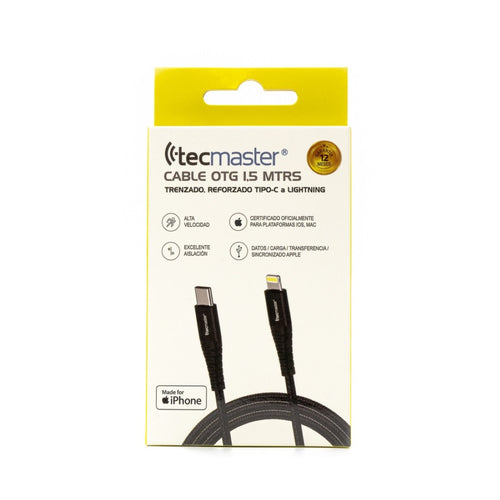 Cable iPhone USB C a Lightning Blindado Certificado MFi 1.5mts Negro 