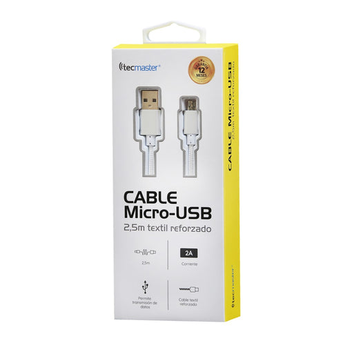 Cable USB A a Micro USB textil plateado 2.5mts 