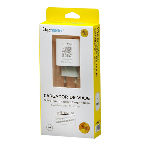 Cargador de Pared Tipo A + Tipo C PD 20W 