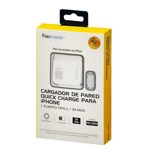 Cargador de Pared Tipo C PD (Incluye Cable Lightning iPhone) 18W 