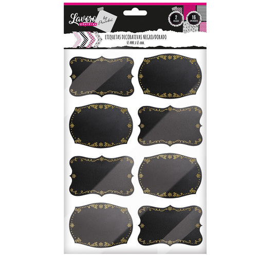 ETIQUETA DECORATIVA 65 MM x 45 NEGRO/DORADO 2 HOJAS 16 UN