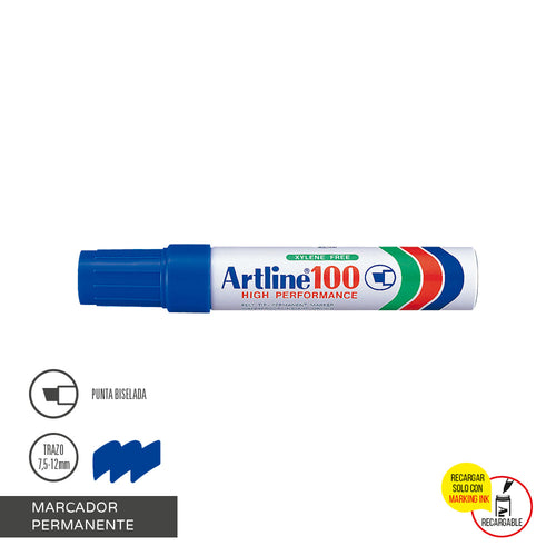 Marcador Permanente Punta Biselada Azul Recargable 100